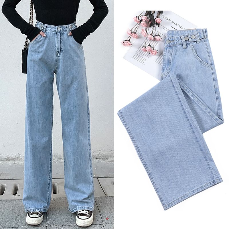 Denimot - High-Waist Washed Loose Fit Jeans (ongeopende knoopsgaten)