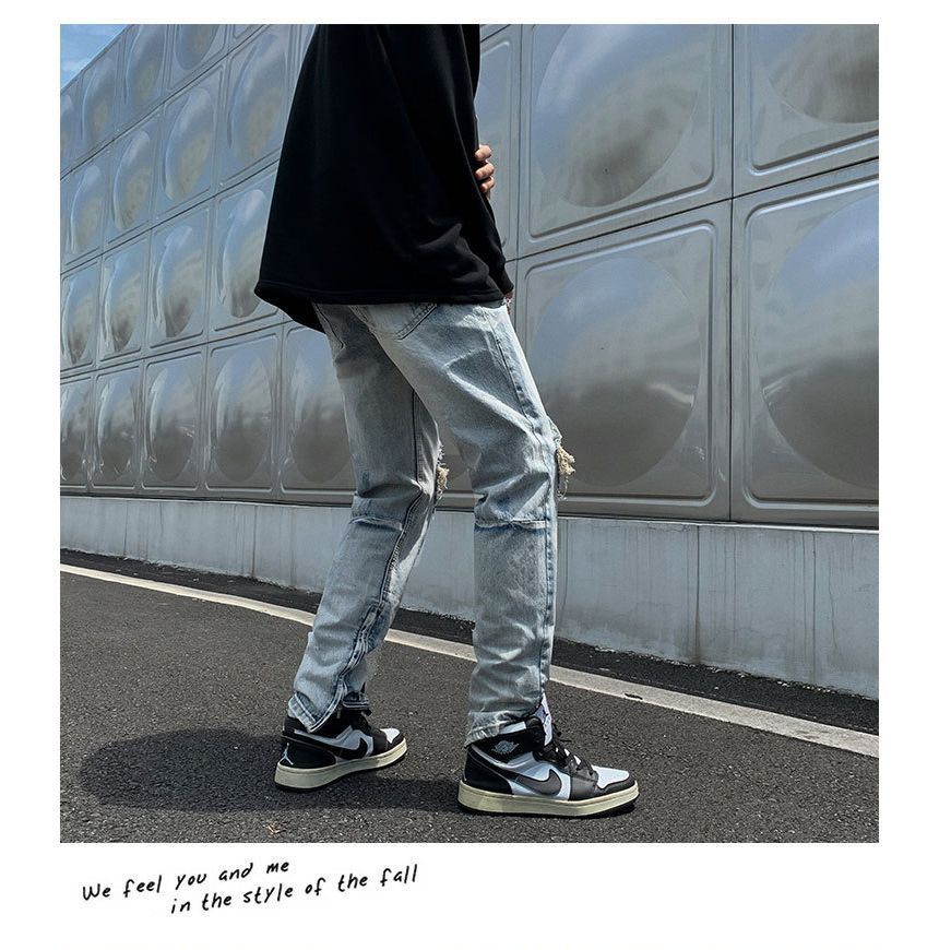 Acrius - Mid Rise Washed Distressed Straight Leg Jeans