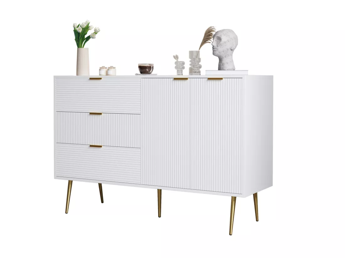 Buffet moderne - 2 portes et 3 tiroirs - Blanc