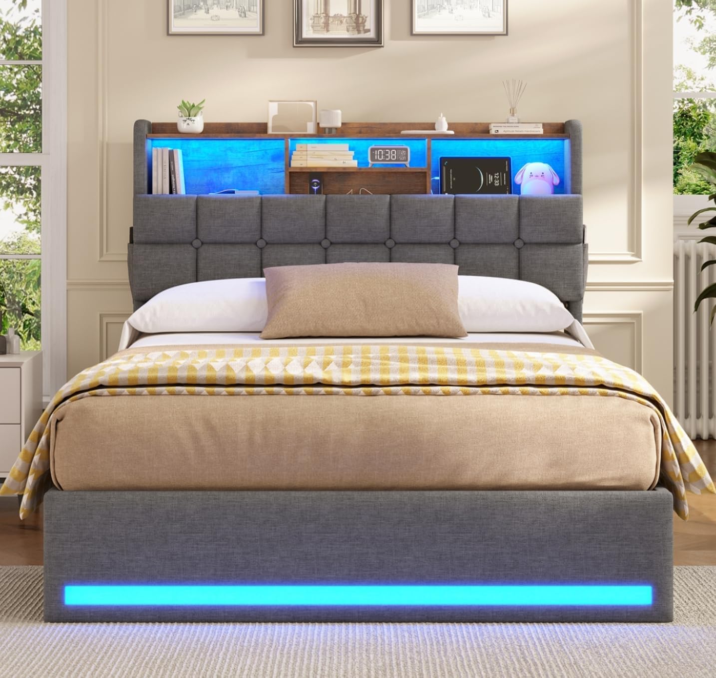Polsterbett 140×200cm Hydraulisches Stauraumbett mit LED-Bleuchtung Jugendbett mit USB- und Type-C-Anschlüsse Doppelbett Bettgestell mit Holzlatten, Leinenstoff, ohne Matratze (Dunkelgrau, 140x200cm)