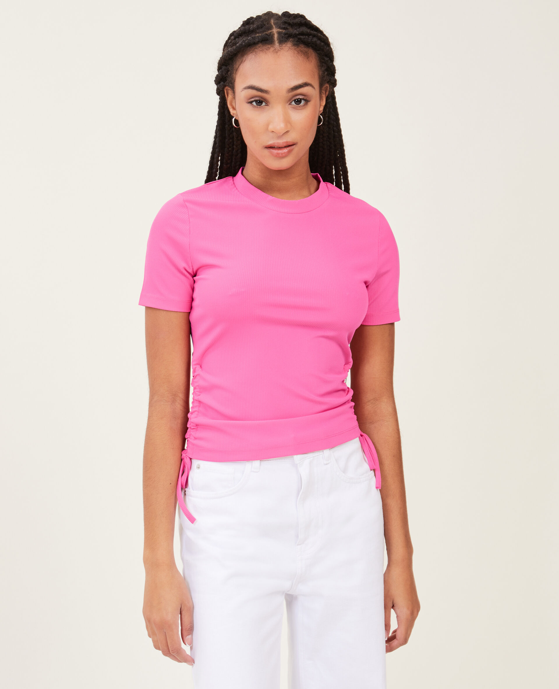 Top maille côtelée avec nœud - Rose fuchsia