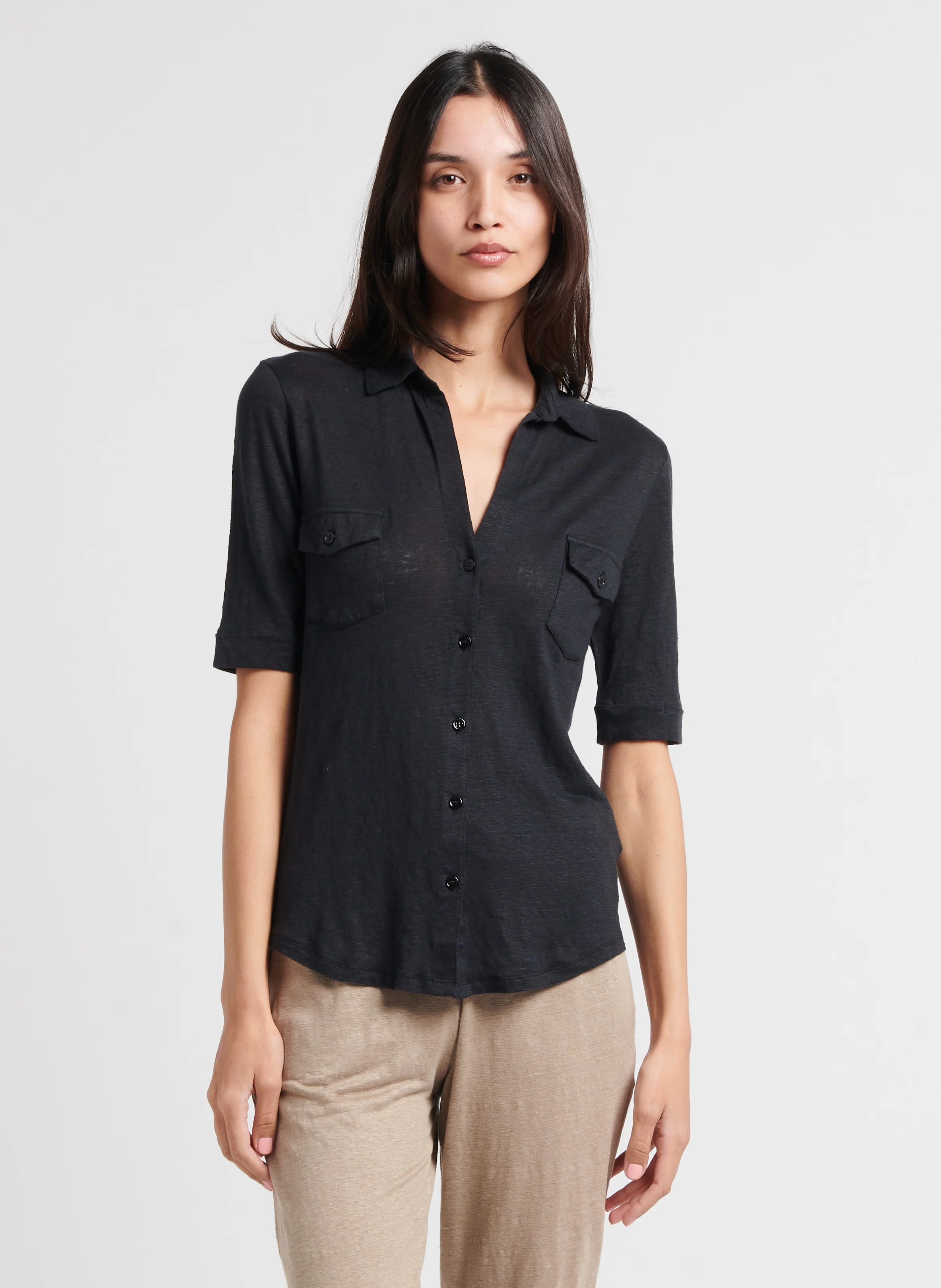 Chemise col classique en lin mélangé | Noir