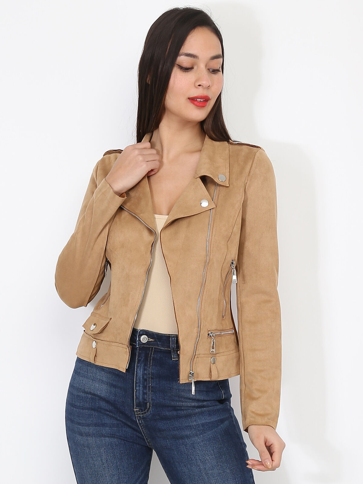 Veste biker ajustée en suédine- Camel