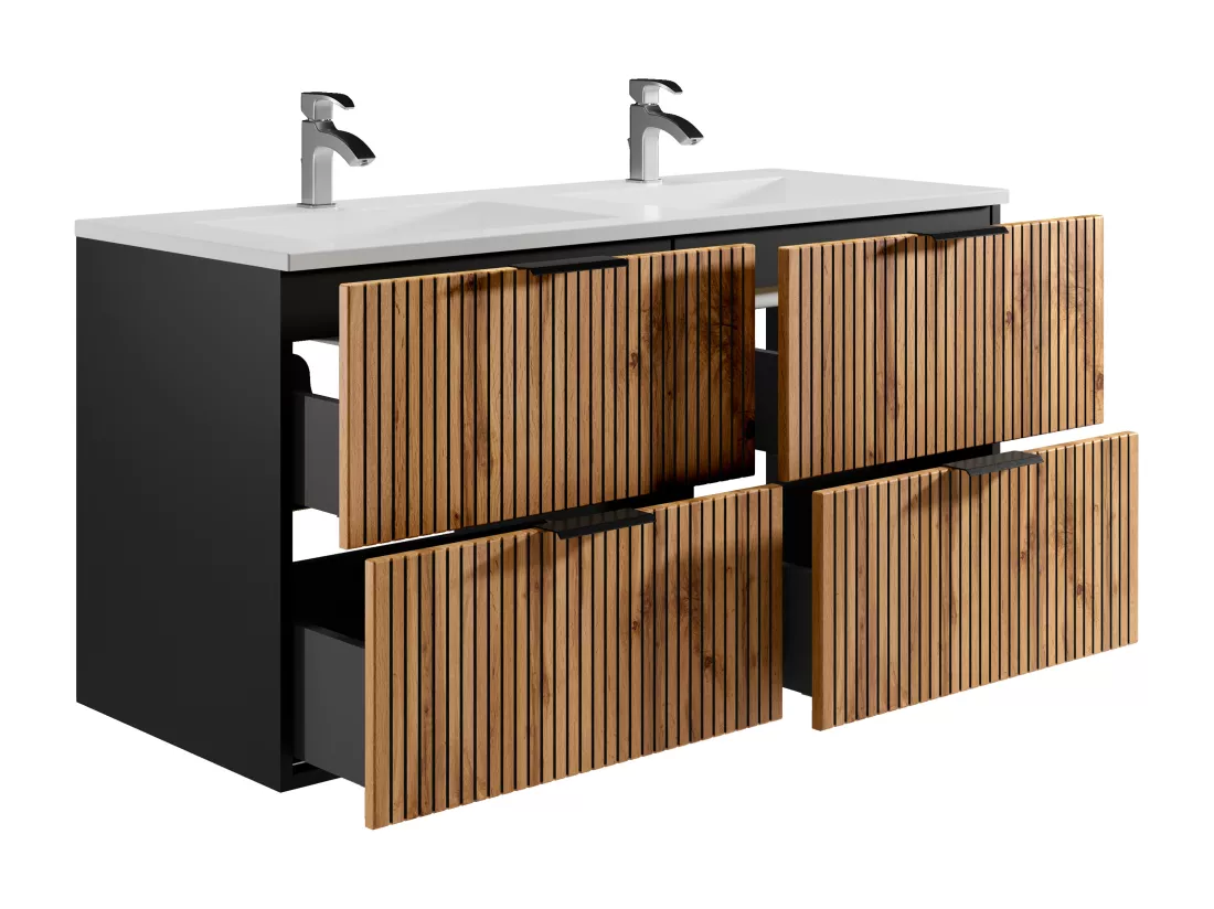 Meuble de salle de bain suspendu strié avec vasque à encastrer - Naturel clair et noir - 120 cm - MADELA