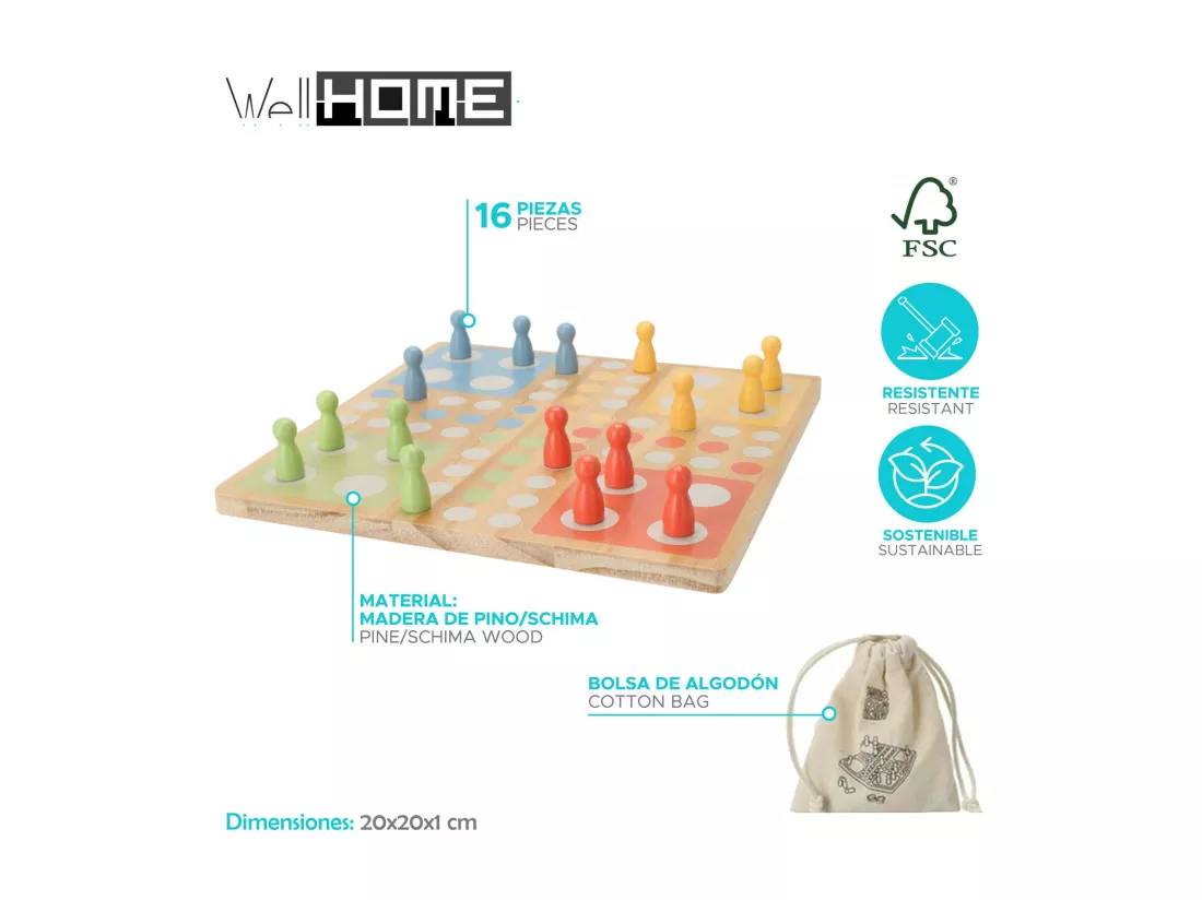 WELL HOME - Jeu LUDO BOAD en bois de pin et sac en coton