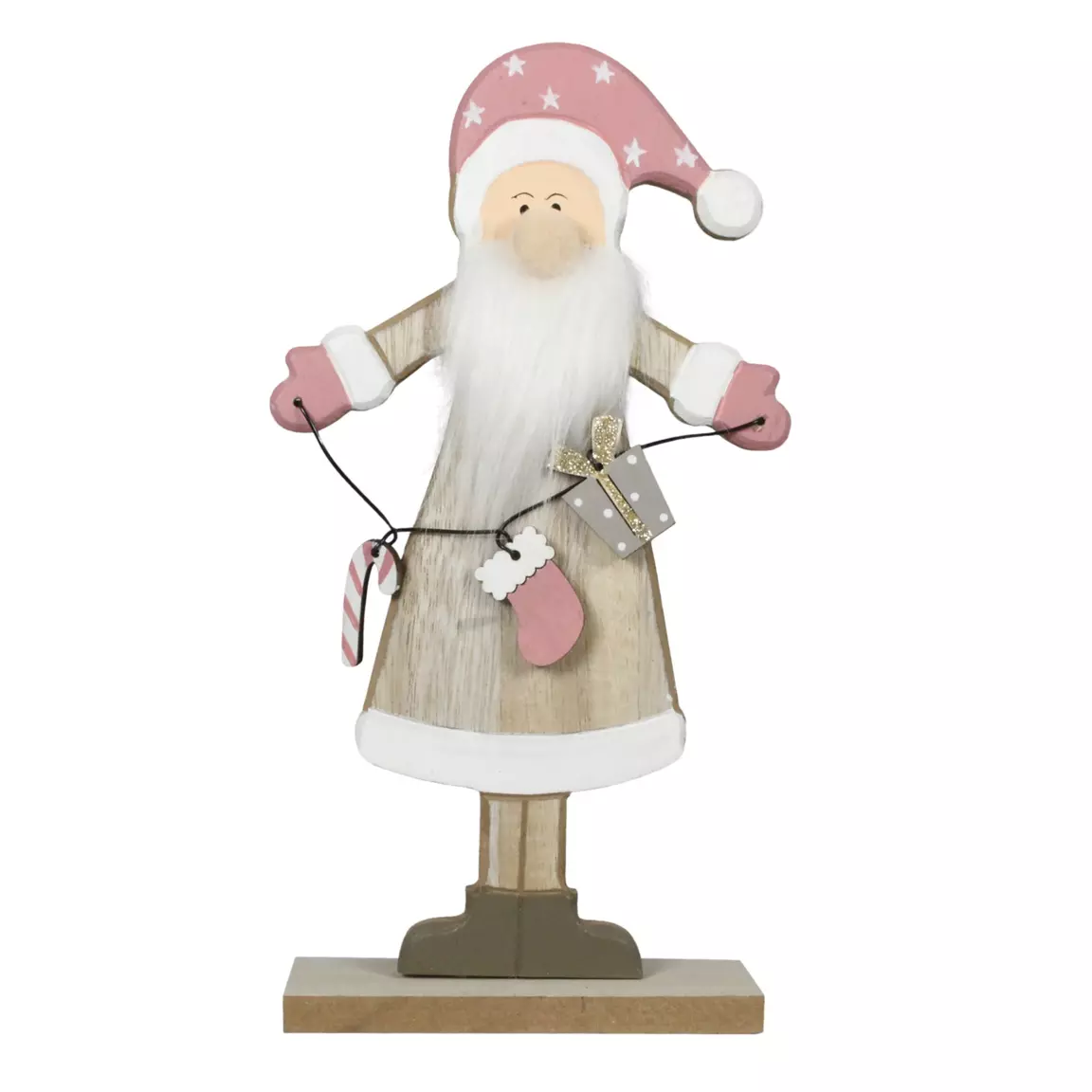 Père Noel et sa guirlande (H23 cm) en bois Rose