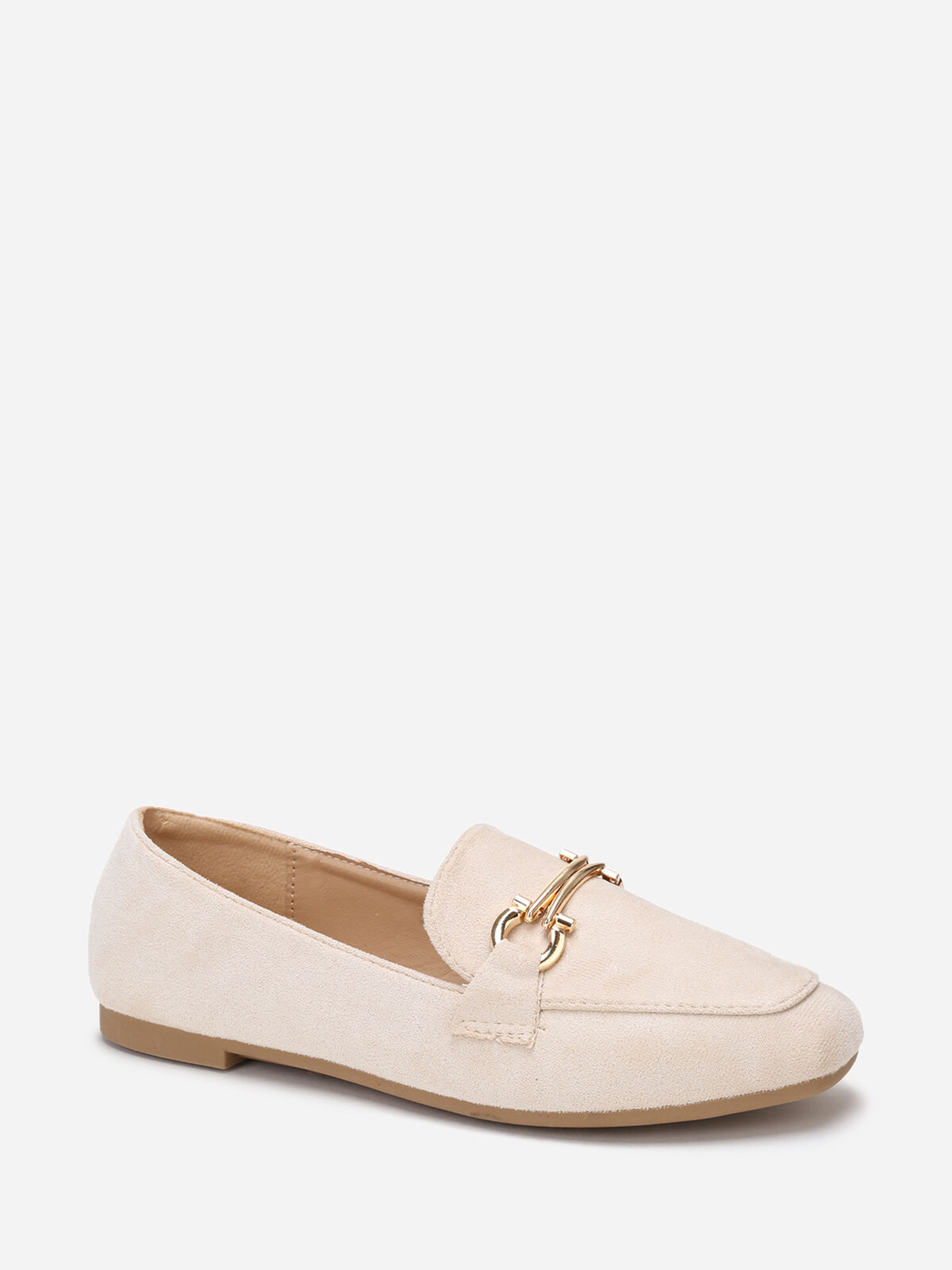 Mocassins carrés en suédine à boucle doré- Beige
