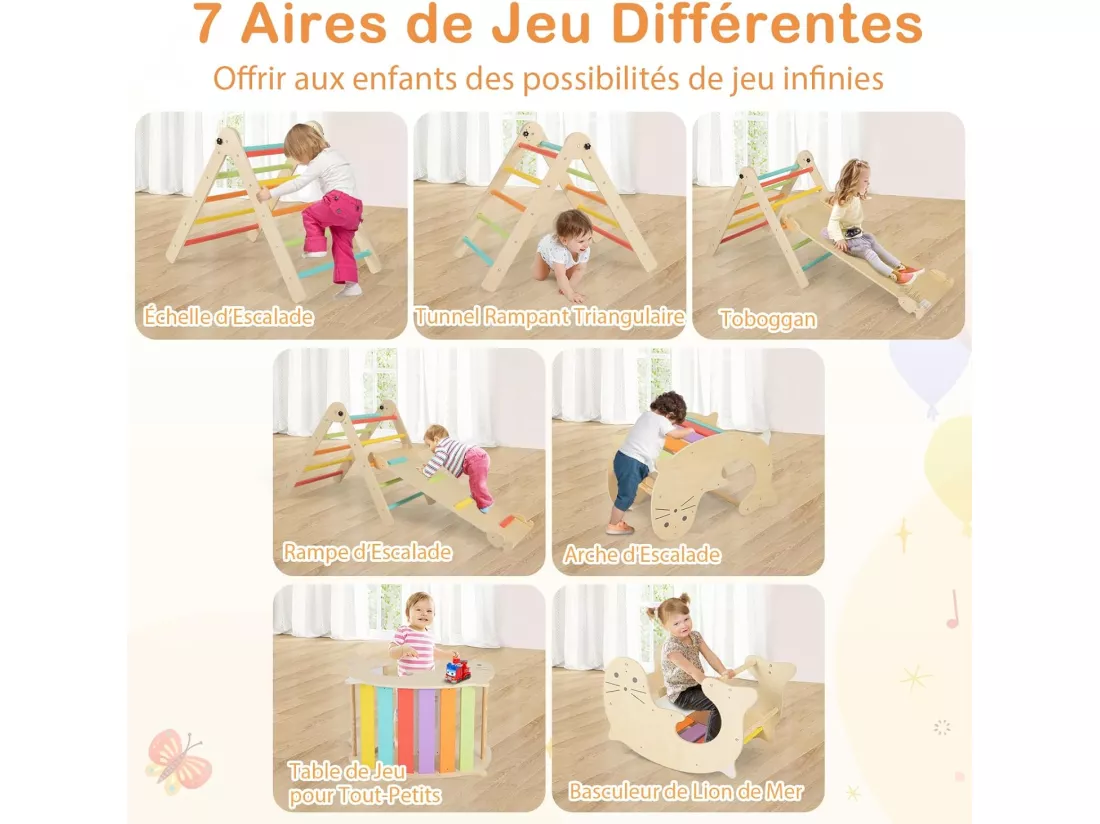 7 en 1 Triangle d'escalade Montessori Pliable avec Rampe Réversible & Chaise à Bascule Otarie, Arche d'escalade en Bois avec Hauteur Réglable, Charge 60kg pour Enfants de 3-14 Ans (Coloré)