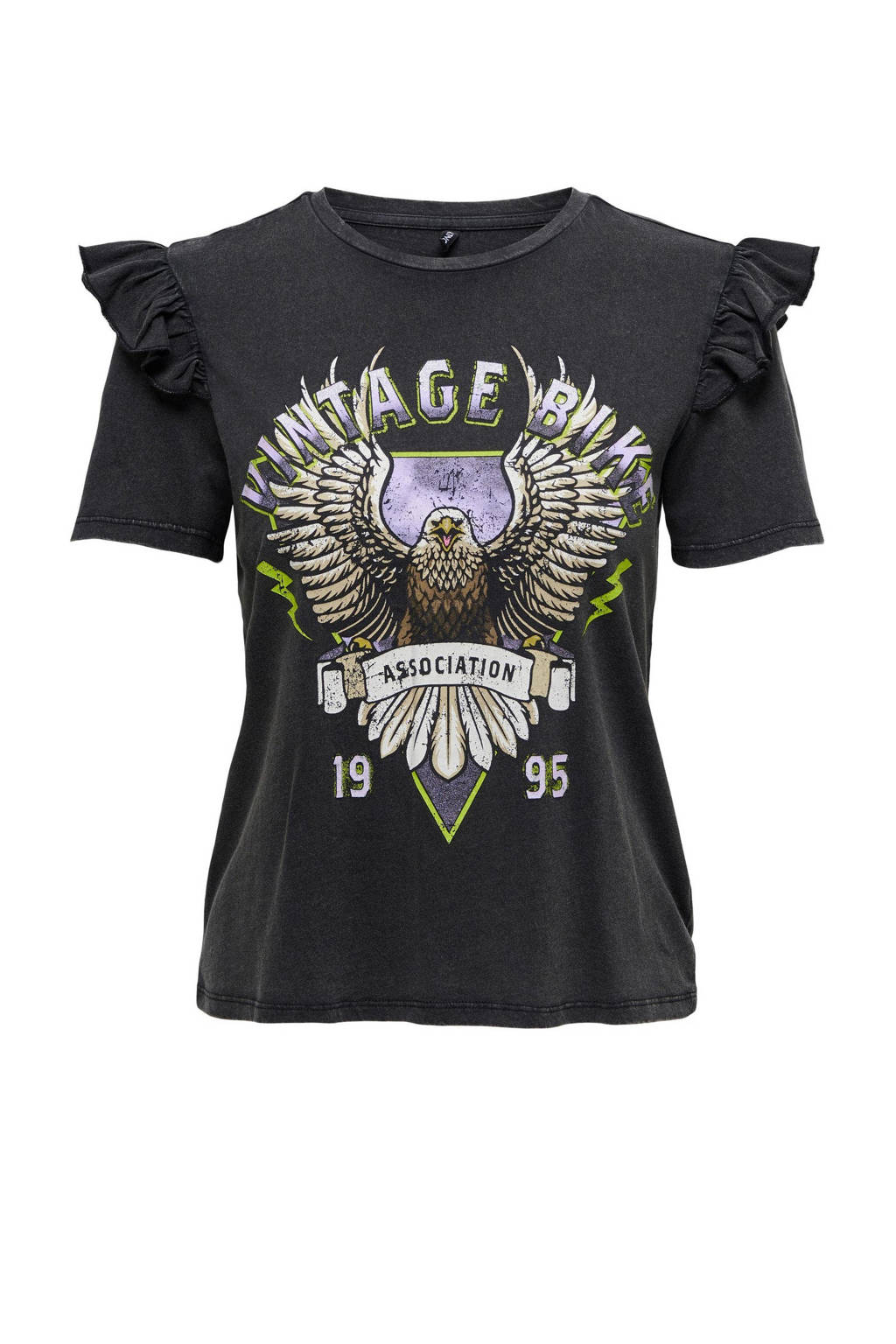 ONLY MATERNITY T-shirt OLMLUCY met printopdruk en ruches zwart