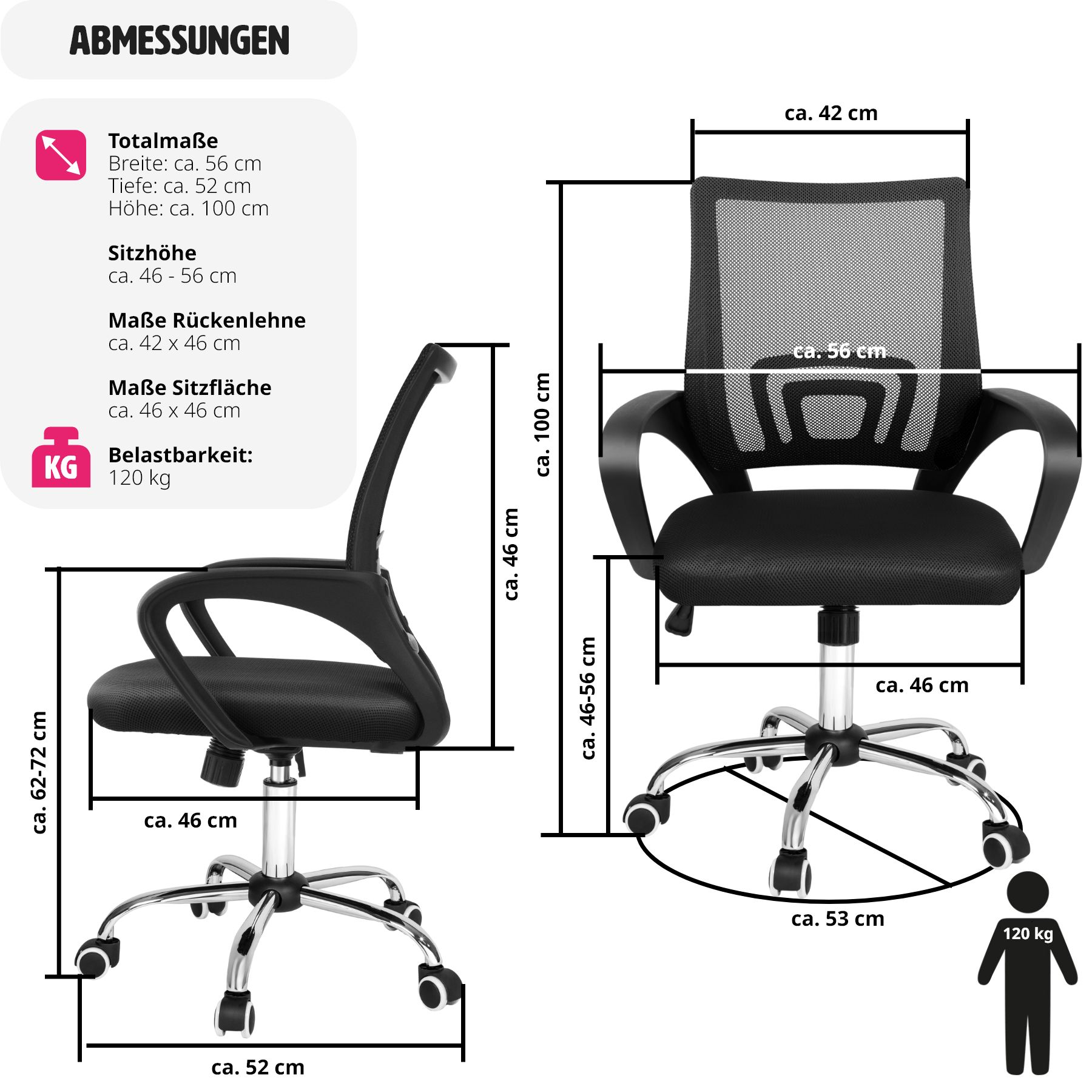 tectake® Bürostuhl, ergonomische Form mit Lordosenstütze, mit Netzstoffbezug, geschwungene Armlehnen, stufenlos höhenverstellbar