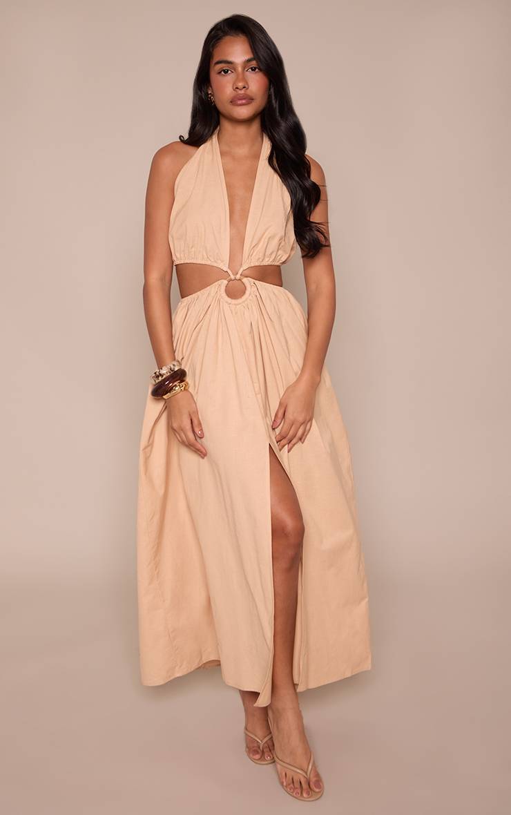 Gris Pierre Robe Longue Dos Nu À Anneaux Et Col Licou Effet Lin