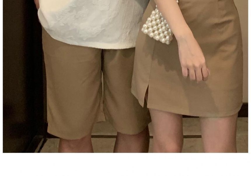 Azure - Matching paar korte mouwen effen poloshirt / hoge taille effen shorts / pofmouw blouse met strik / hoge taille effen mini A-lijn rok