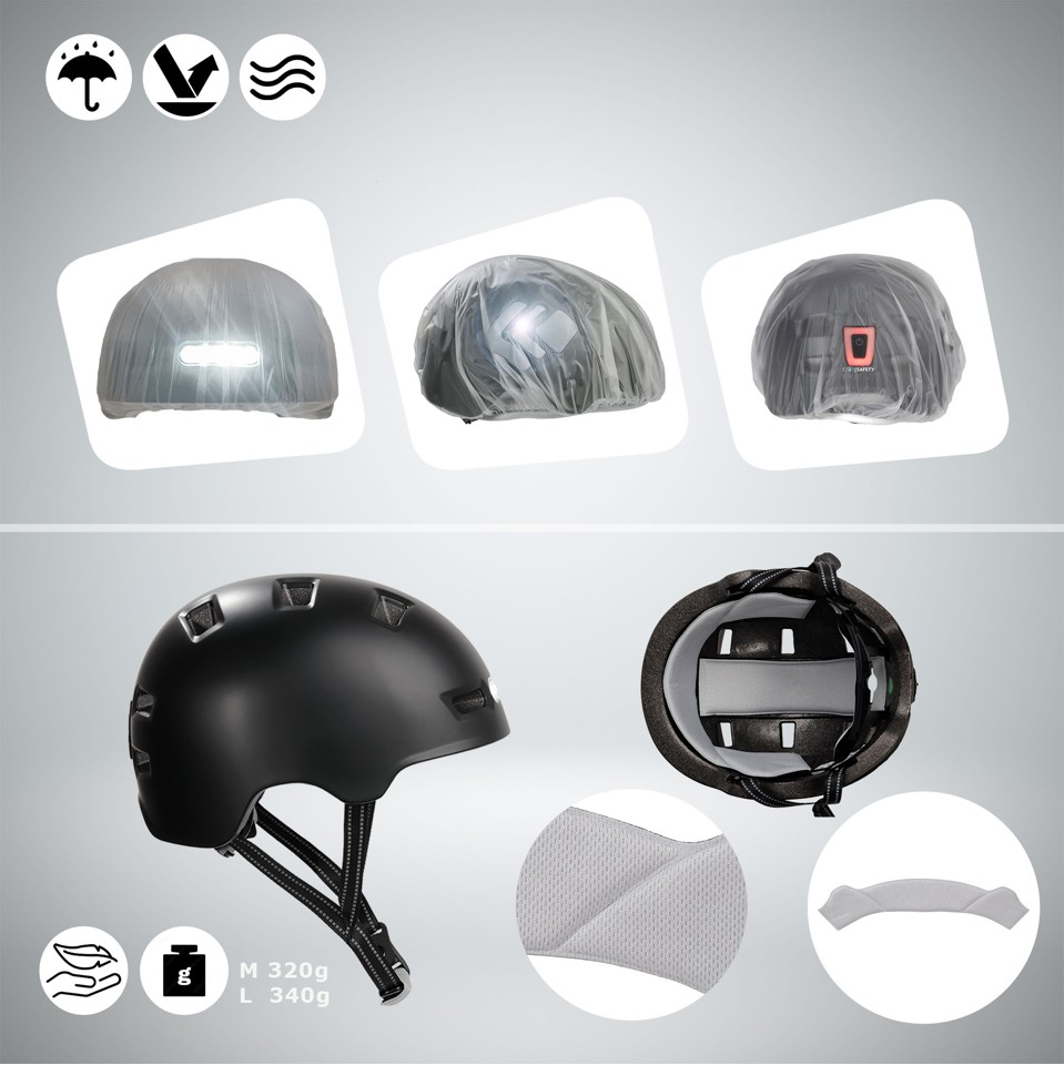 Crazy Safety - Urban cykel- og skaterhjelm med for- og baglygter - Sort - L (57-61cm)