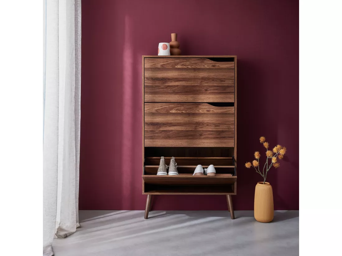 Meuble à chaussures scandinave décor noyer 3 portes abattantes capacité 18 paires de chaussures