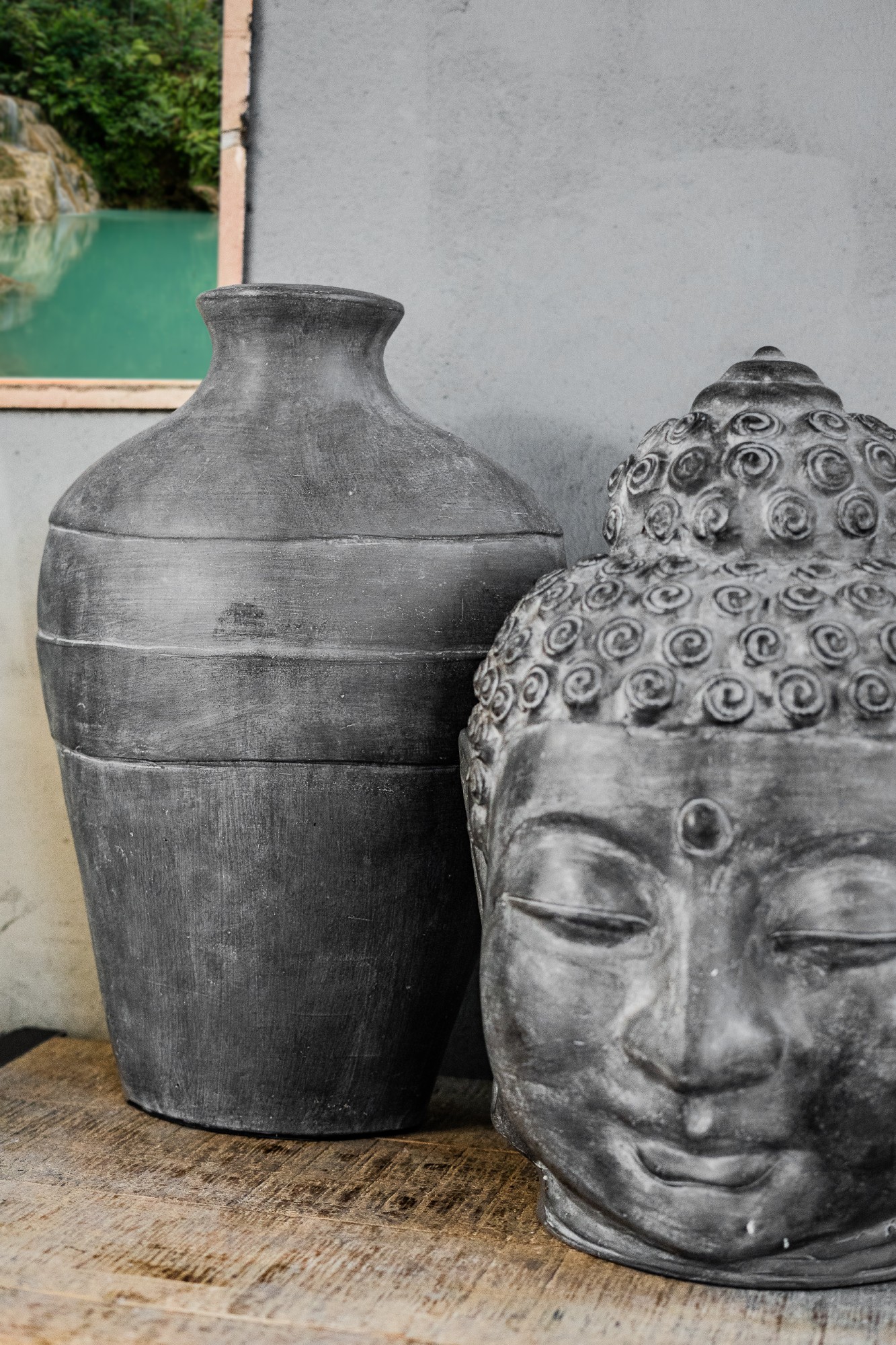 Skulptur 'Buddhakopf' lächelnd, H 58 cm, T 38 cm, B 38 cm von fischer's lagerhaus