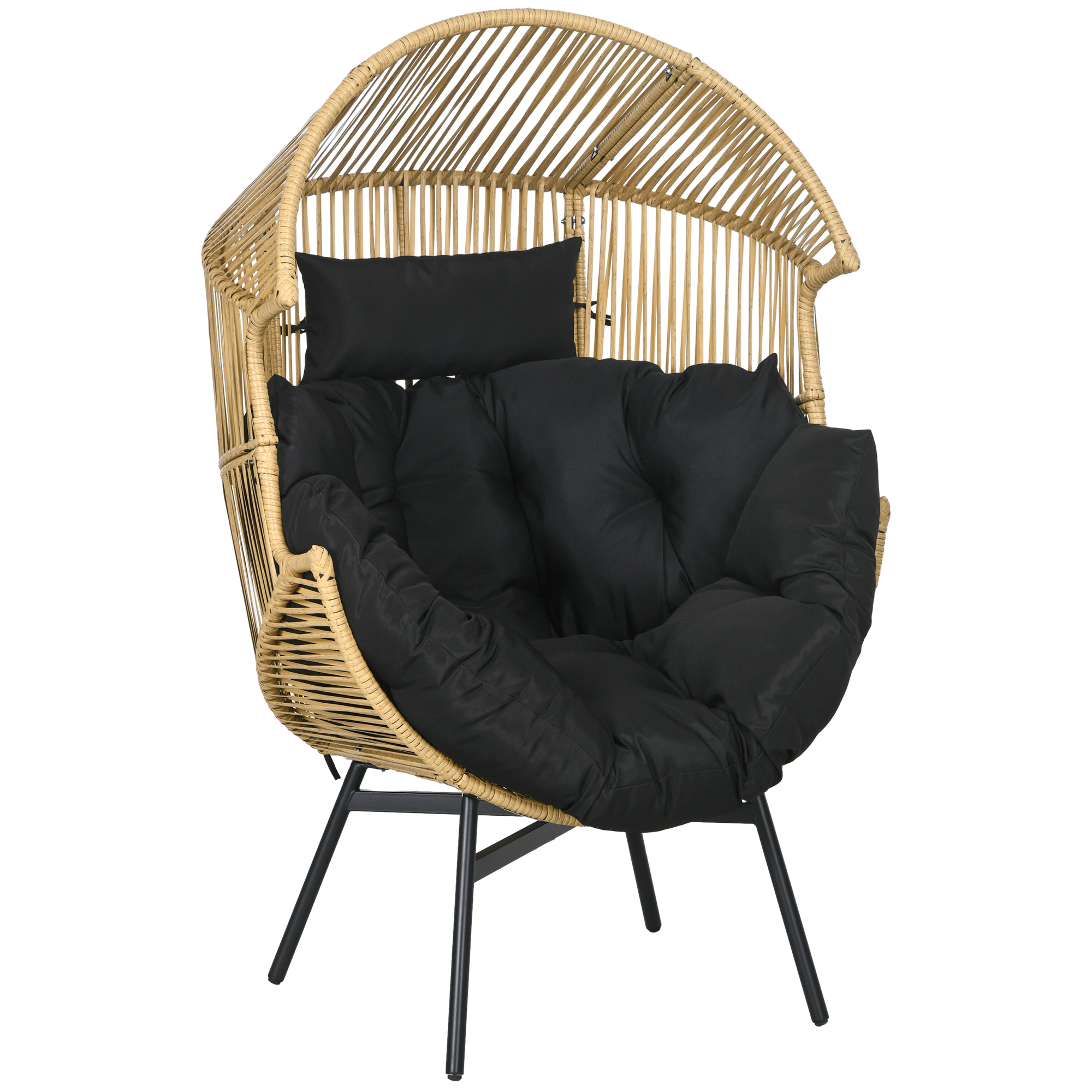 Cadeira de jardim Outsunny em rattan sintético em formato de ovo, com almofada de encosto de cabeça acolchoada e estrutura de aço, para varanda ou jardim, 89x75x143 cm, nas cores areia e preto.
