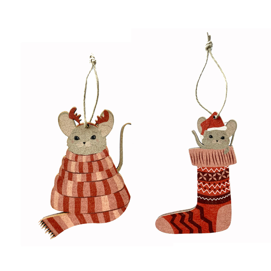 Suspensions en bois DIY thème Les petites souris de Noël H.9 cm x 10