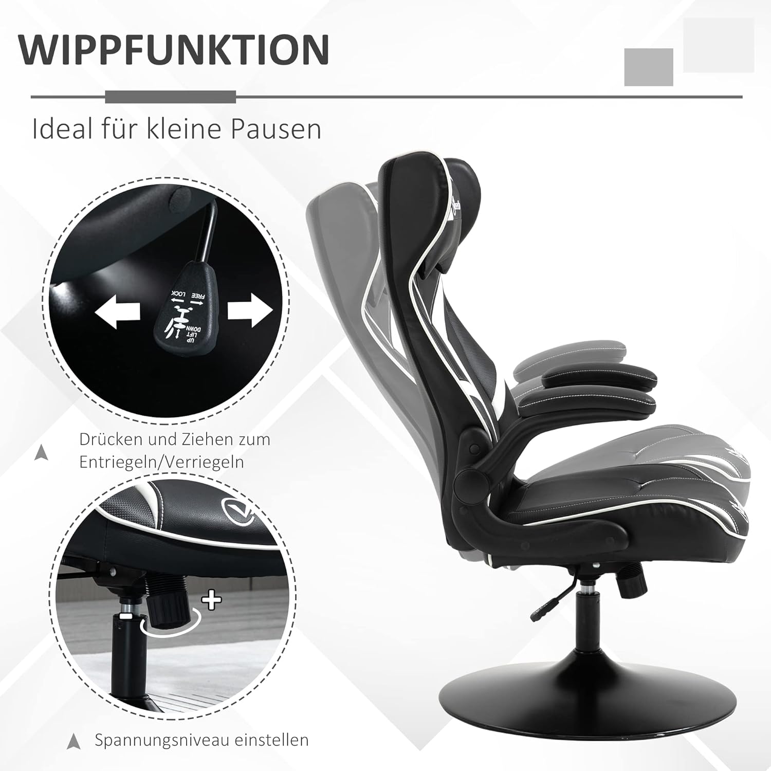 Vinsetto Gaming Stuhl ergonomischer Gamer Stuhl mit Kopfstütze und höhenverstellbar Gamingstuhl Bürostuhl mit Wippfunktion Schwarz+Weiß