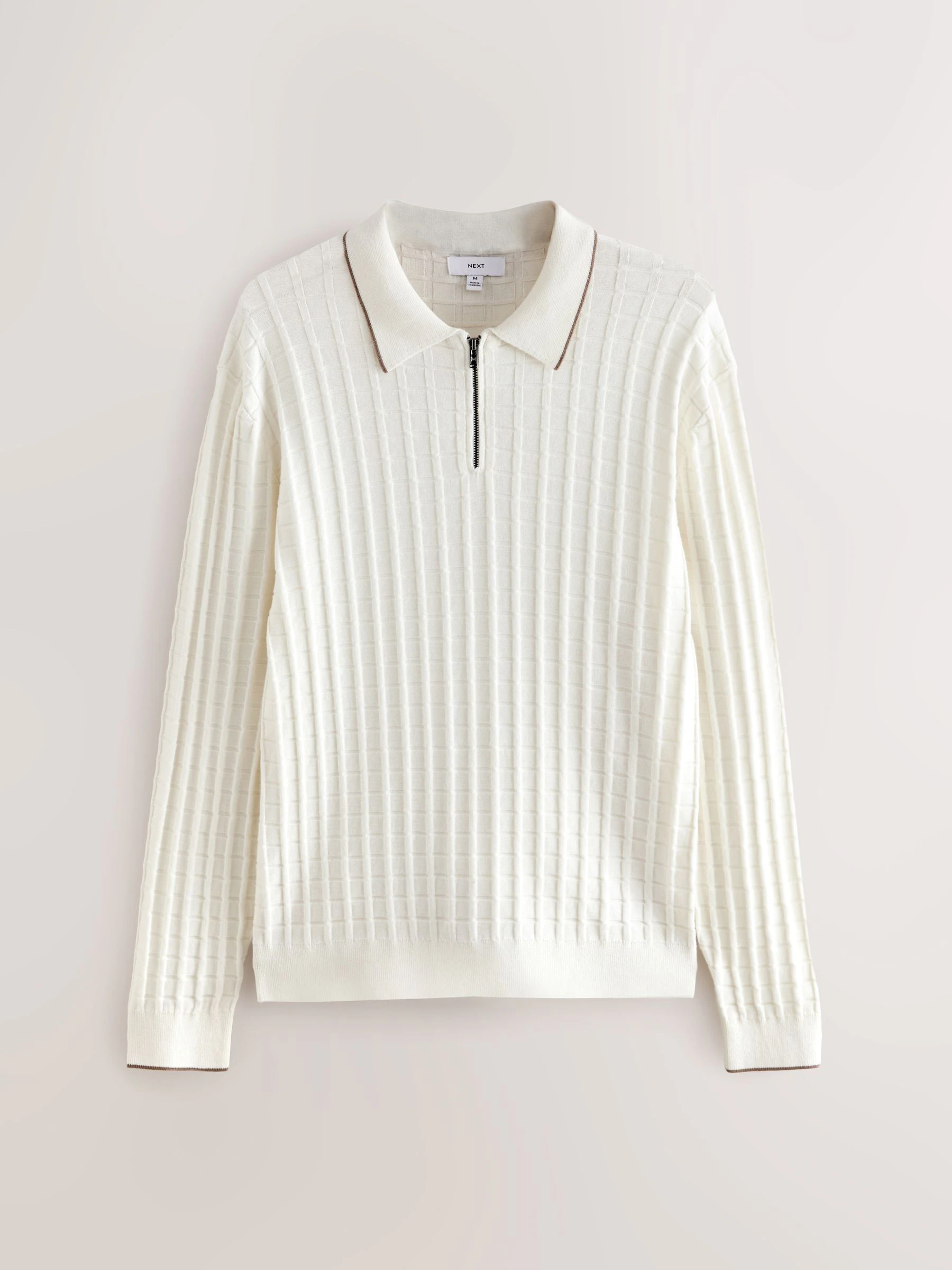 Ecru wit - Regular Fit gebreid poloshirt met lange mouwen, structuur en kwart ritssluiting