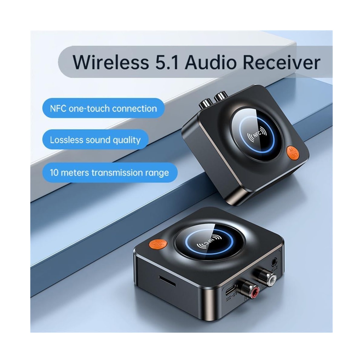 NÖRDIC Bluetooth 5.1-mottaker, med NFC, TF-kortspor, 3,5 mm AUX/RCA, trådløs adapter med lav ventetid for stereoanlegg for streaming av musikk hjemme