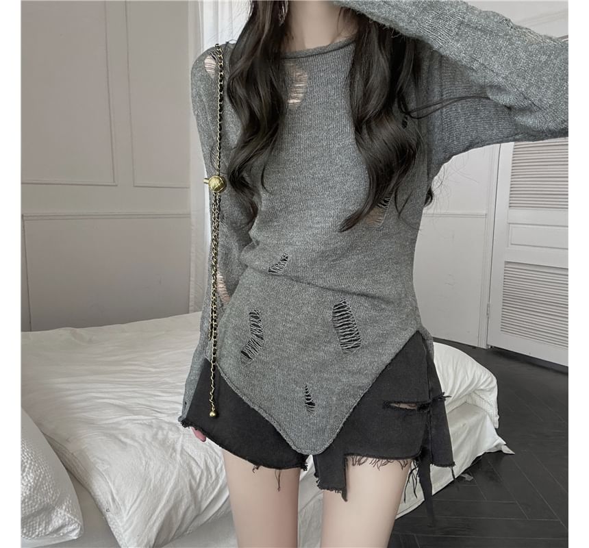 Shinsei - Lange mouwen, boothals, effen, asymmetrisch, versleten, doorschijnend, slim fit gebreide top