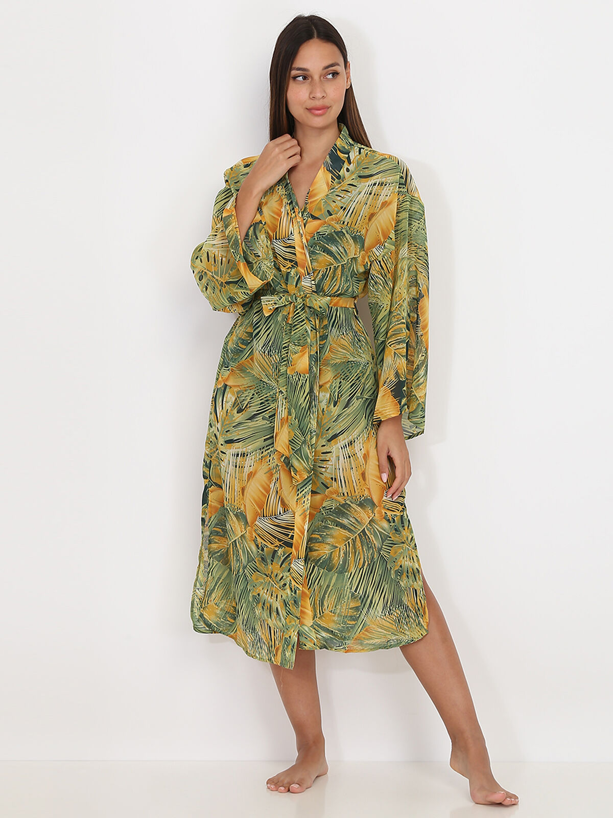Kimono mi-long à imprimé tropical- Jaune