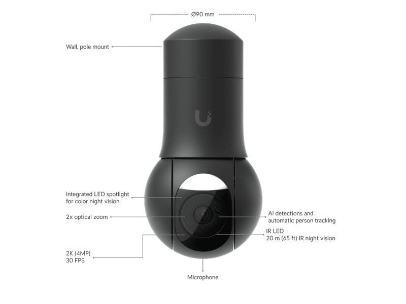 Ubiquiti Netzwerkkamera G5 PTZ Schwarz Kompakte PTZ-Kamera mit 2K-Auflösung, Smart Detection und wetterfestem Gehäuse für professionelle Sicherheitsanwendungen