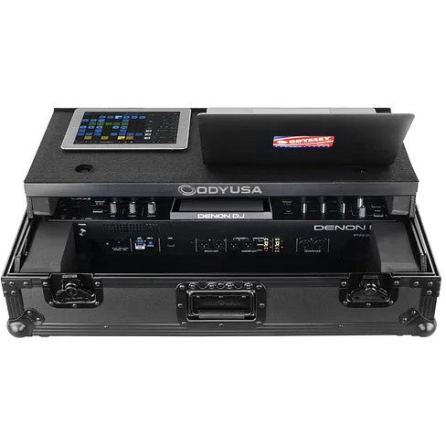 Odyssey FZGSPRIME2BL flightcase voor Denon Prime 2 met laptopplateau Black Label