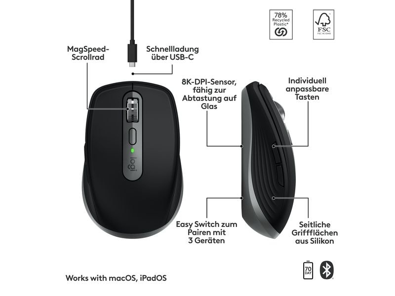 Logitech Mobile Maus MX Anywhere 3s for Mac Space grey Kompakte kabellose Performance-Maus mit 8K DPI-Sensor – Entwickelt für Mac