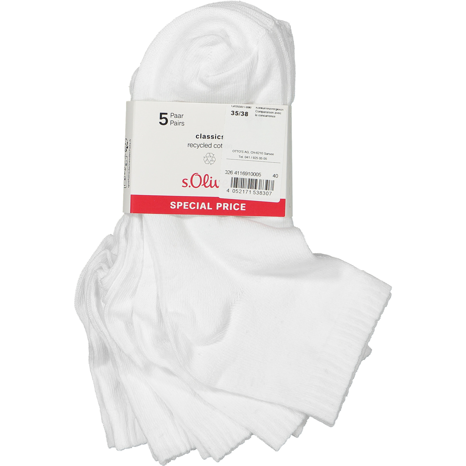 S.Oliver Damen-Quartersocken uni, 5 Paar 39-42, weiss
