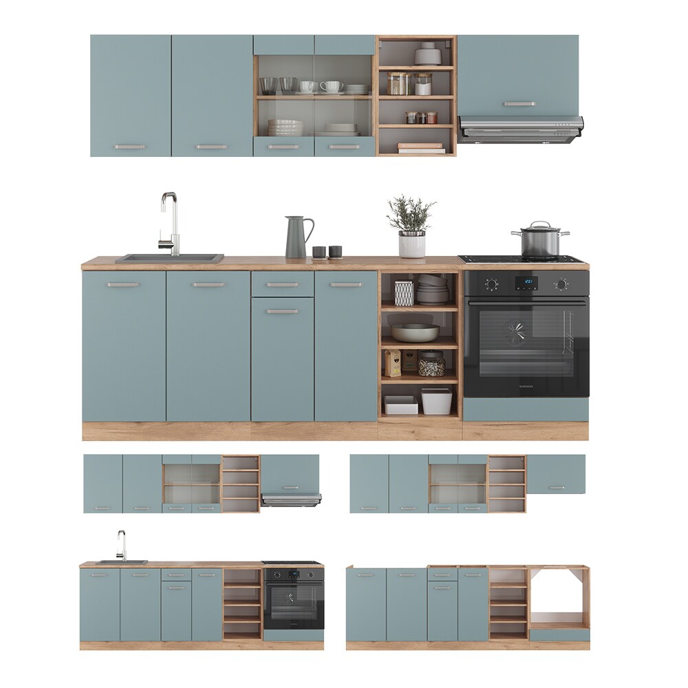 Vicco Küchenzeile R-Line Solid Eiche Blau Grau 240 cm modern Küchenschränke Küchenmöbel