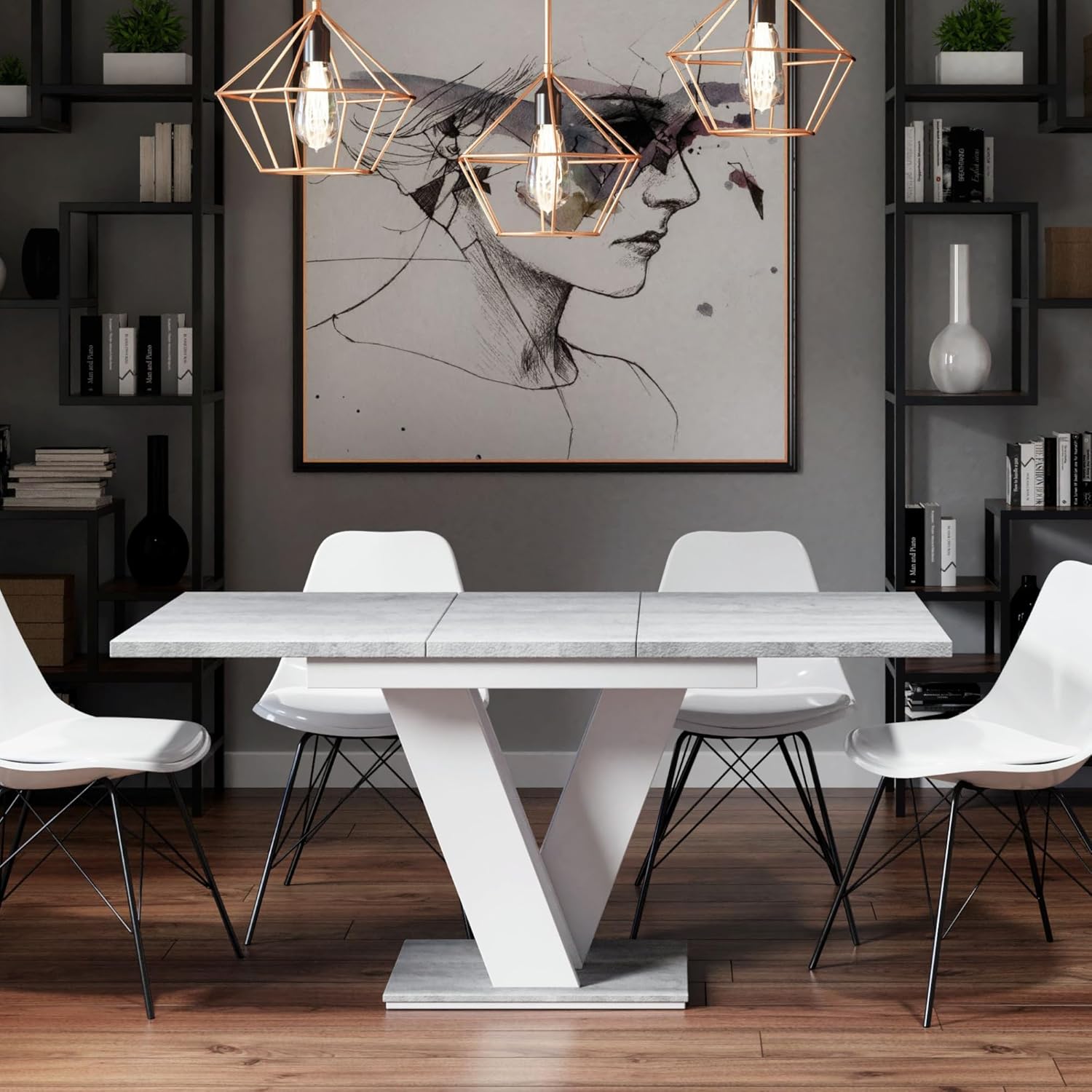 Malvi - Esstisch Ausziehbar auf 160 cm - 120x80x75 cm - Modern - Dinner Table - Esszimmertisch - Tisch für Esszimmer, Wohnzimmer - Ausziehtisch - Betonoptik/Weiß Matt