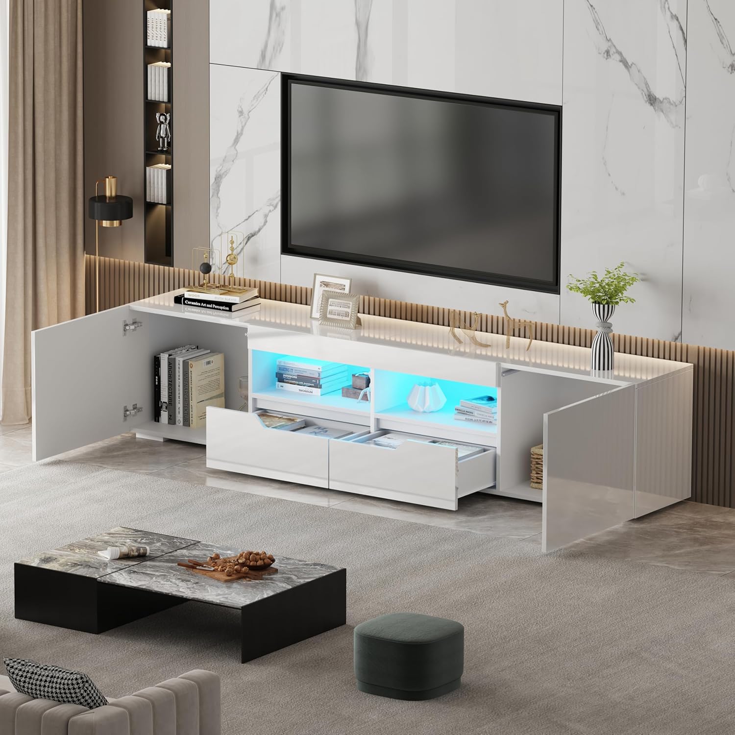 Hochglanz TV Schrank 200 cm mit 16 LED Farben – Modernes TV Lowboard für 65–85 Zoll Fernseher, TV Möbel mit 2 Schubladen & Schränken, Griffloses TV Board für Wohnzimmer (Weiß)