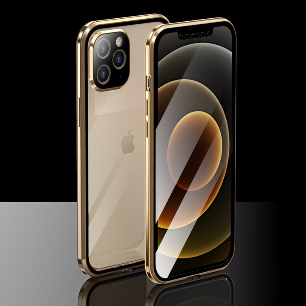 iPhone 12 Pro Magnetische Alu Schutzhülle mit Panzer Glas Backcover   Display- / Kameraglasschutz (Magnet-Technologie) - Gold
