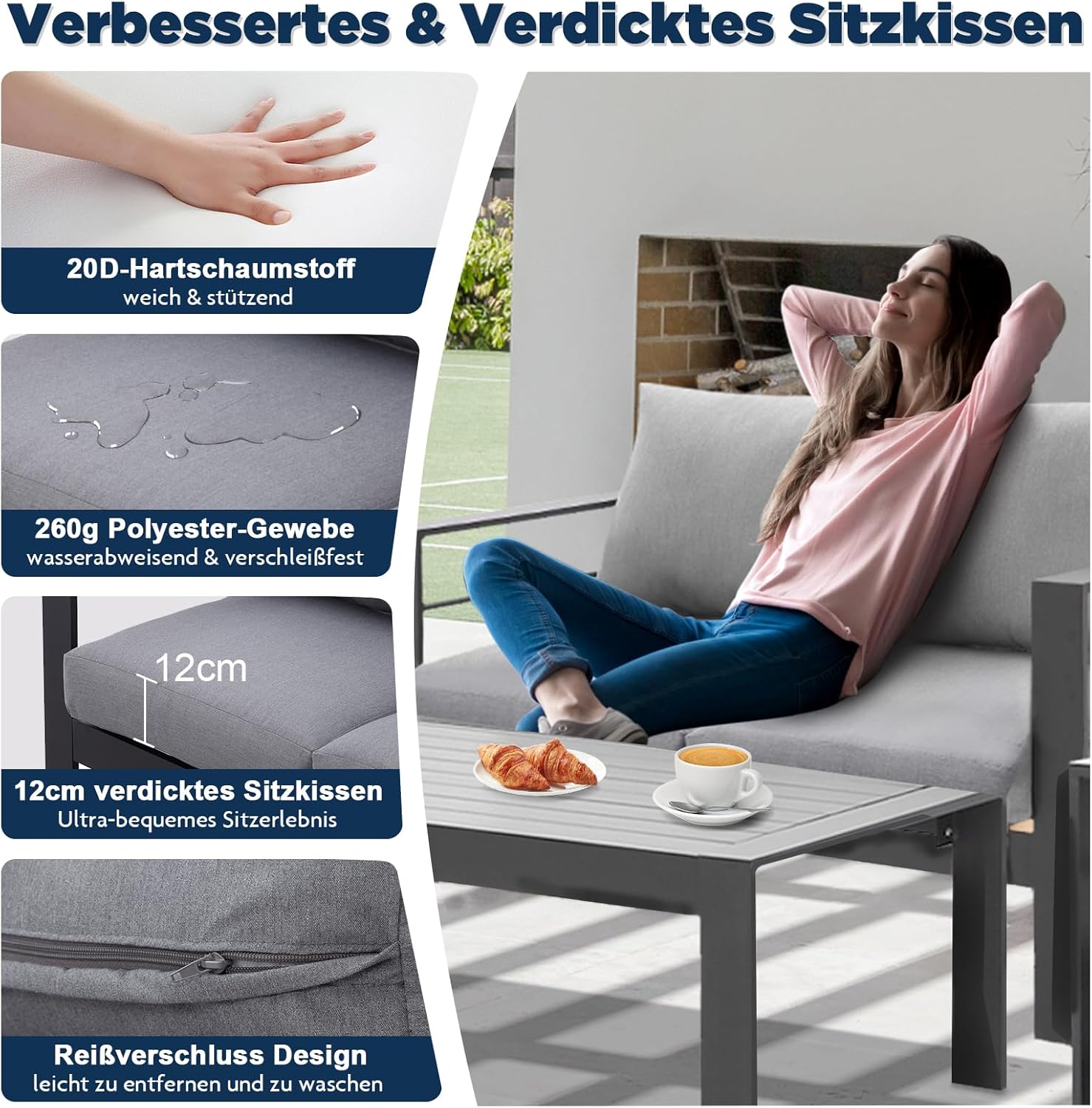 Atenza Gartensofa 2 Sitzer, Moderne Garten Lounge aus Aluminium, Wetterfest & Robust, Gartenmöbel für Balkon & Terrasse, inkl. Sitz- und Rückenkissen, 128x65x66 cm