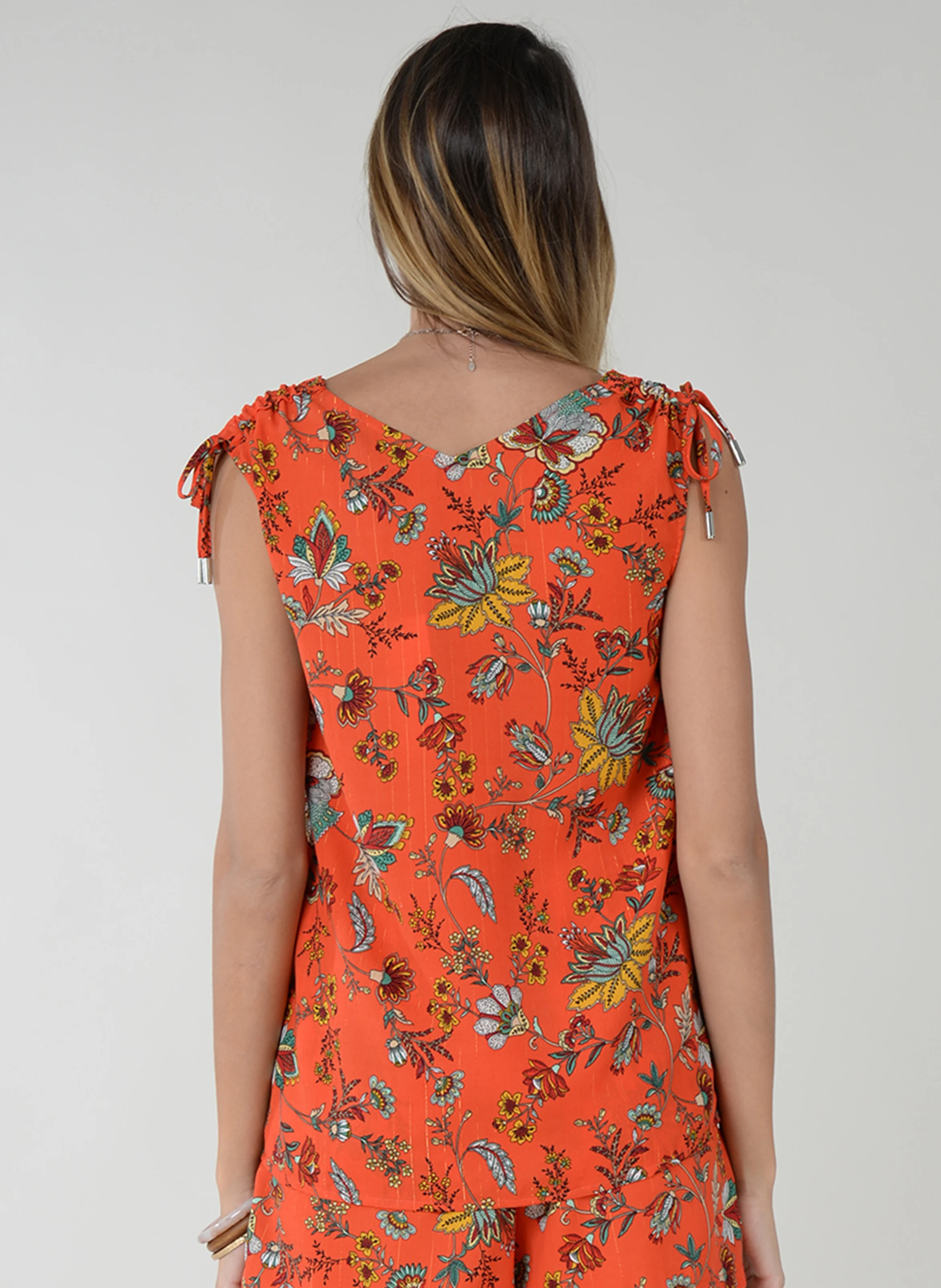 Top col V imprimé floral | Orange