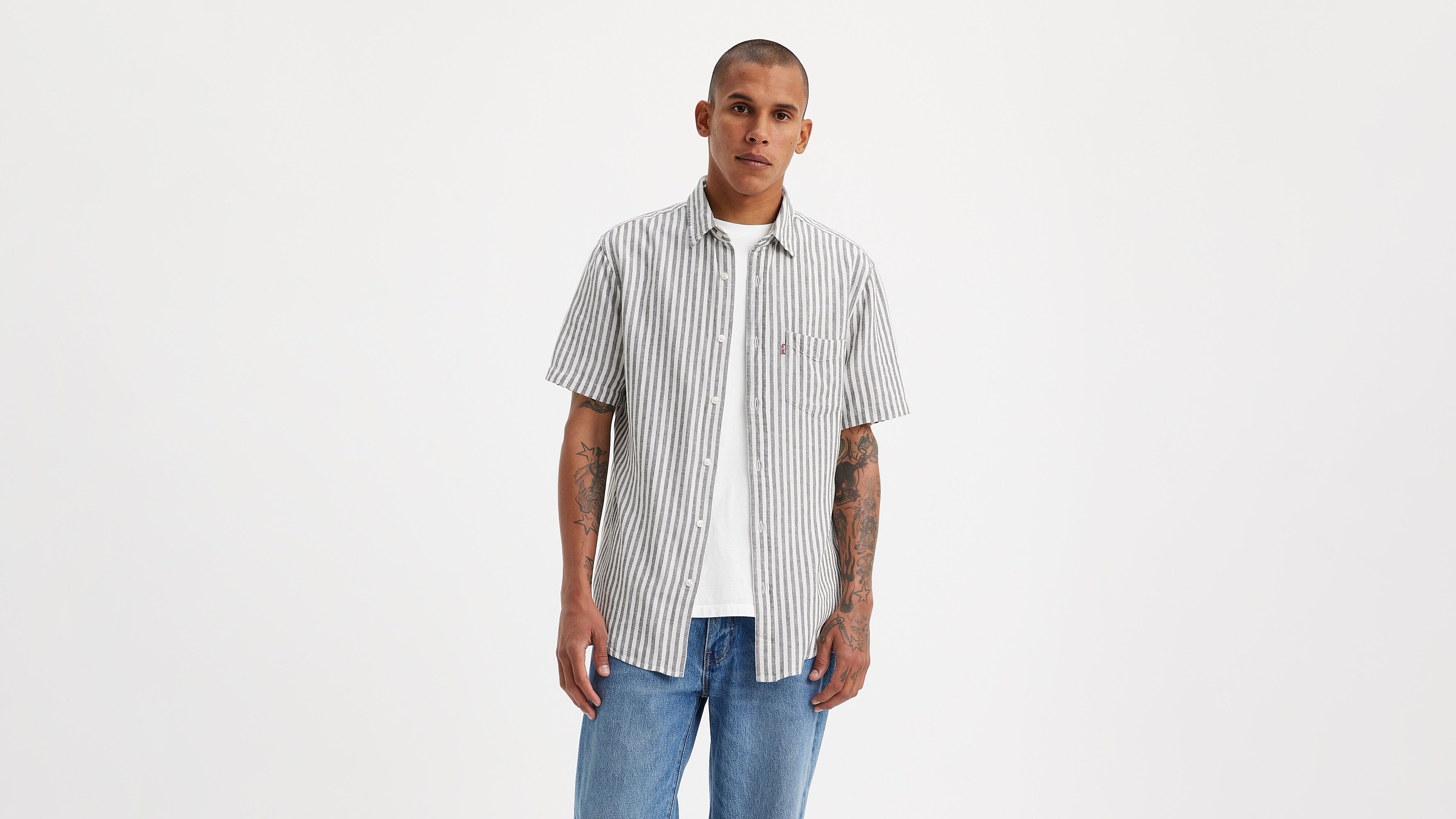 Chemise manches courtes poche Sunset - Dean Stripe Black Oyster - Blanc