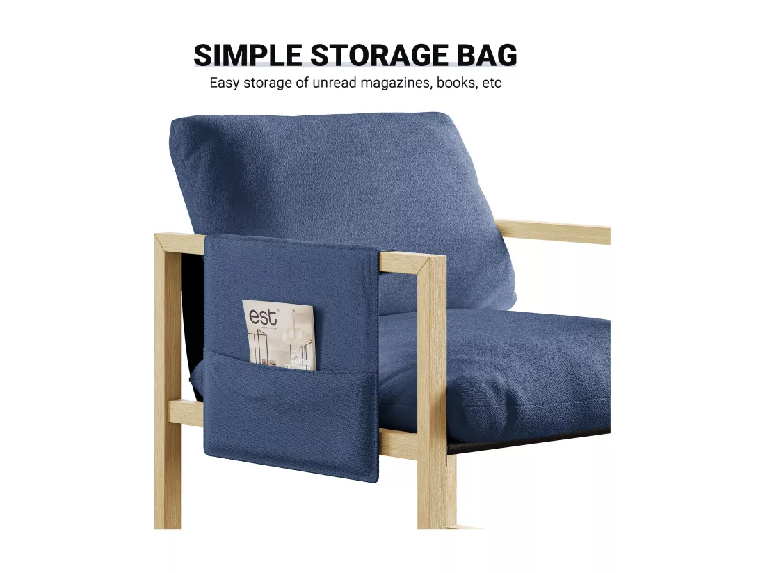 Fauteuil rembourré avec pied bois massif, avec Assise Épais, pour Salon et Chambre, tissu sherpa - 79x68x83CM - Bleu