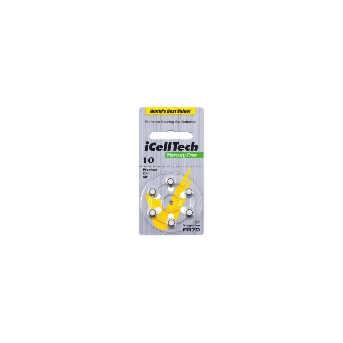 iCellTech 10 PR70 Zinc-Air batteries, Mercury free 6p