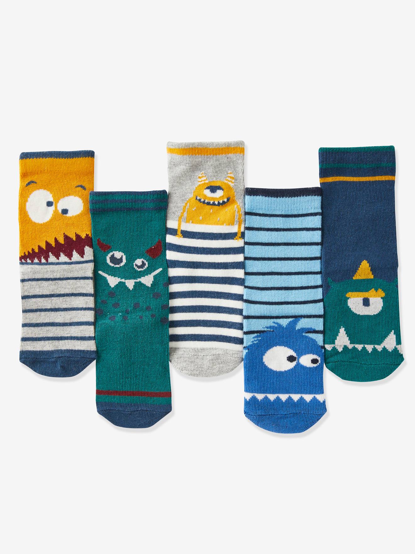 Pacote com 5 pares de meias Monster para meninos, verde médio, bicolor/multicoloridas.