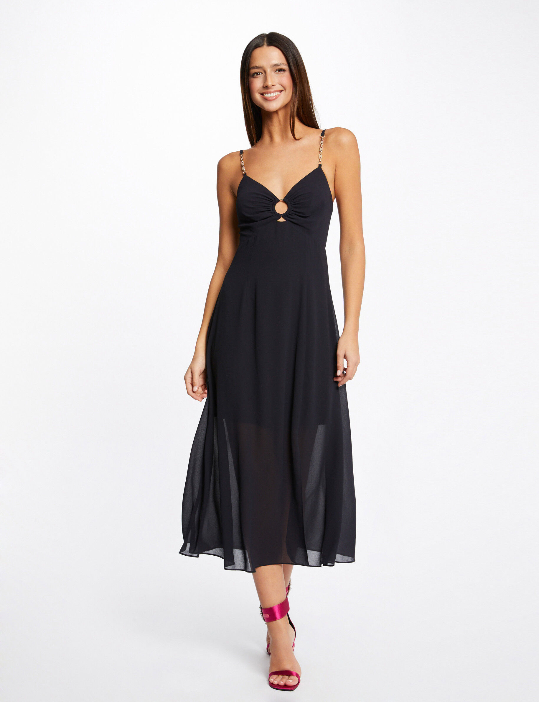 Robe midi évasée bretelles chaînes marine femme - marine