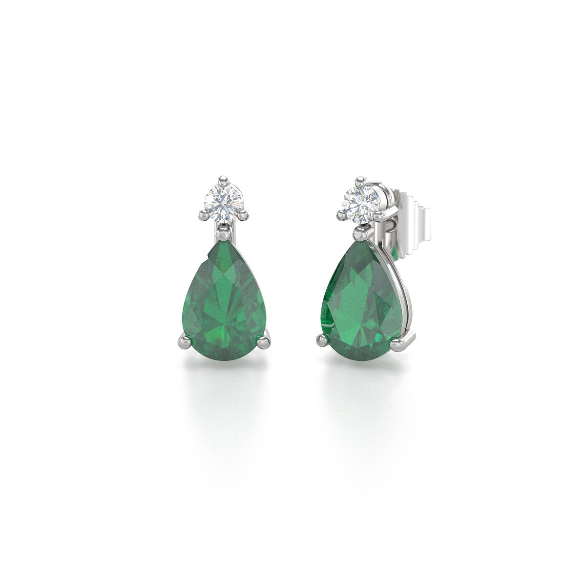 Boucles d'oreilles ADEN Or 585 Blanc Emeraude forme Poire et Diamants 1.15grs