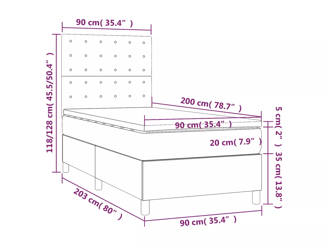 Sommier tapissier matelas et LED Cappuccino 90x200cm Similicuir