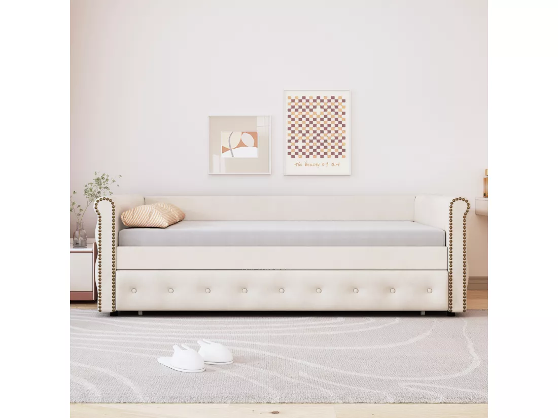 Lit gigogne 90x200cm en lin avec sommier à lattes - Beige