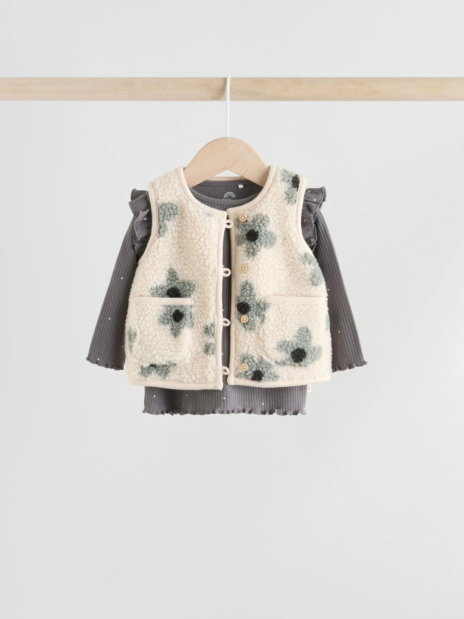 Grijs met bloemen - Babyset van top met Lange mouwen en Leggings met Bodywarmer 3 -delig (0mnd -2jr)