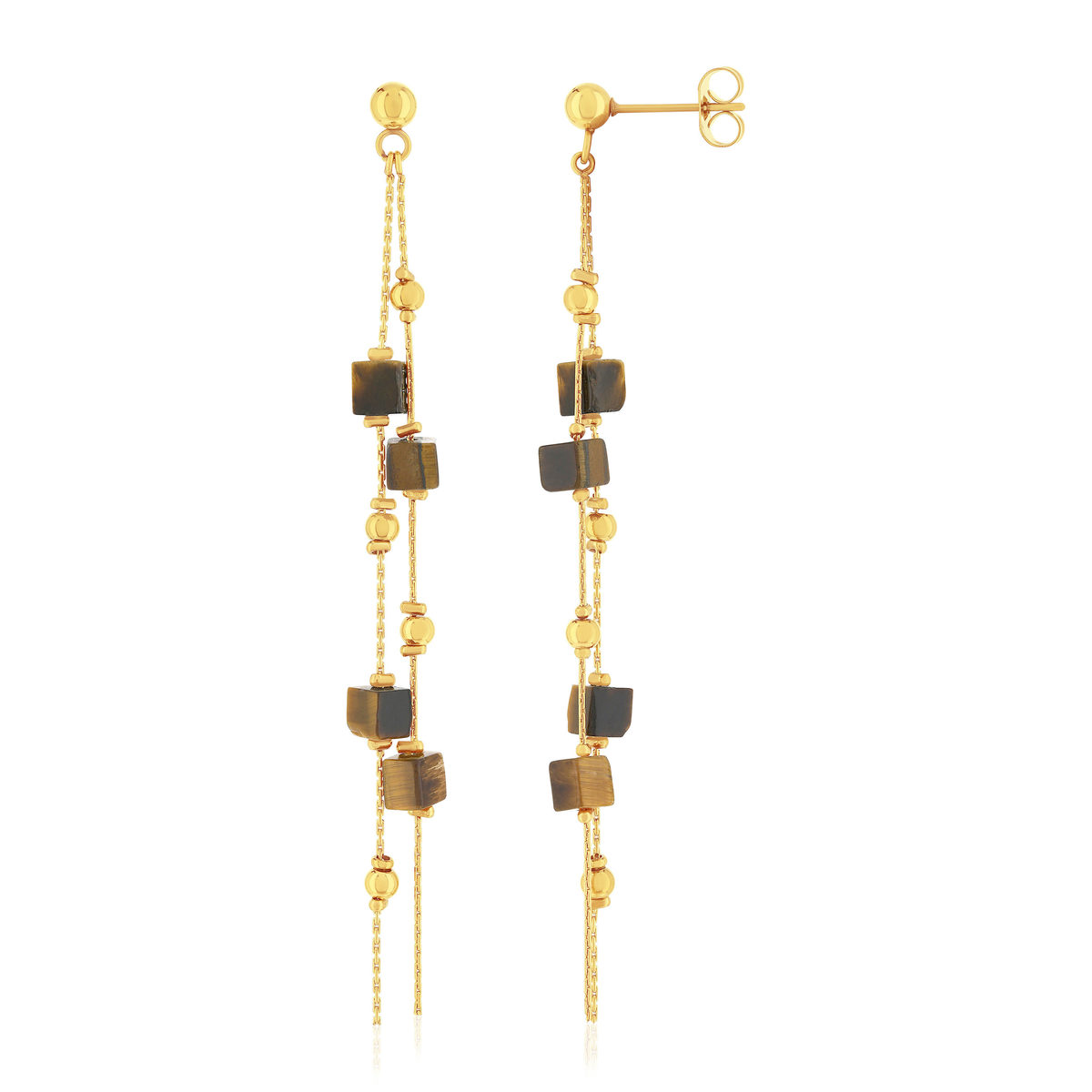Boucles d'oreilles acier doré pendantes pierres oeil de tigre
