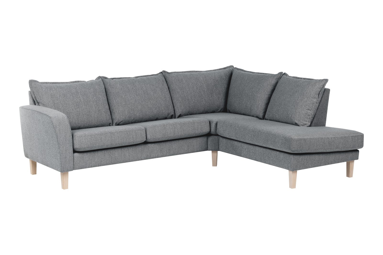 Slogen hjørnesofa Oppsett AH. 2,5-seter med åpen ende høyre. Tekstil Viva Grey med soft ryggpute. Vange A og hvitpigmentert ben 178.