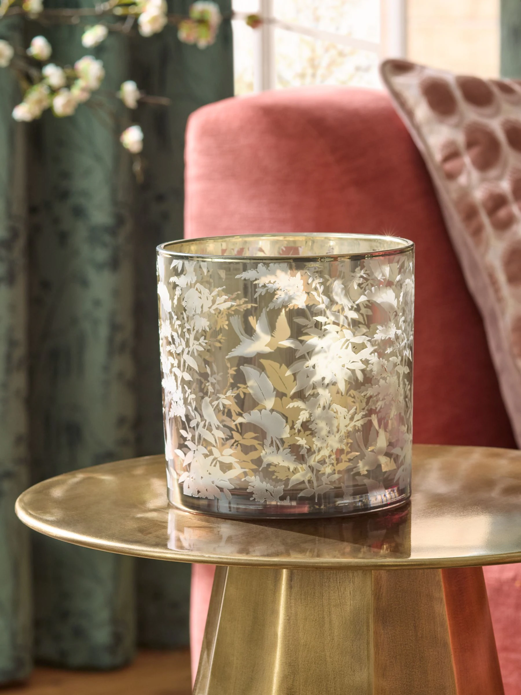 Botanical Print Glass Hurricane Candle Holder