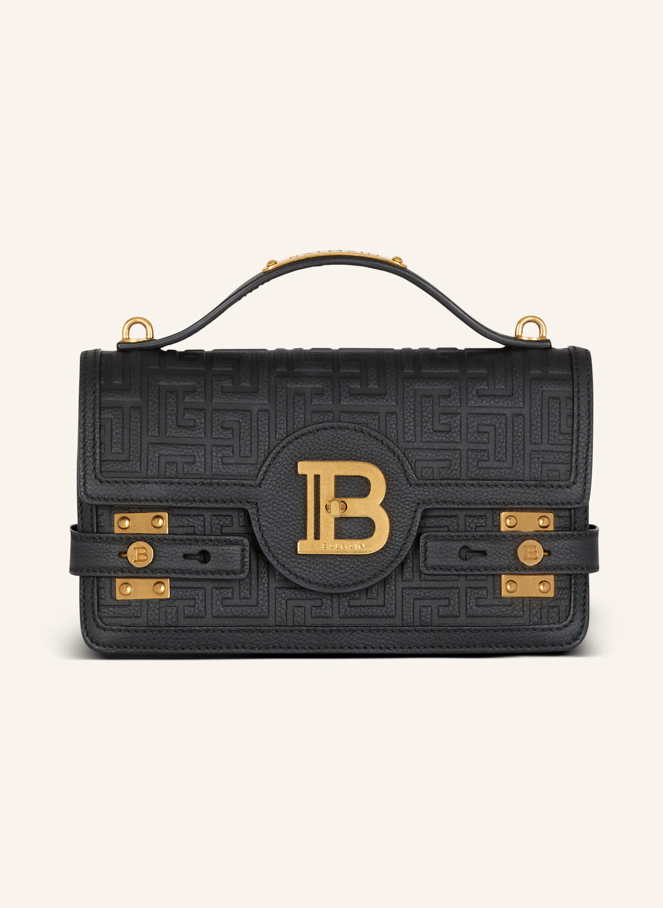 BALMAIN Tasche B-Buzz Shoulder 24 aus genarbtem Leder mit Monogramm PB Labyrinthe