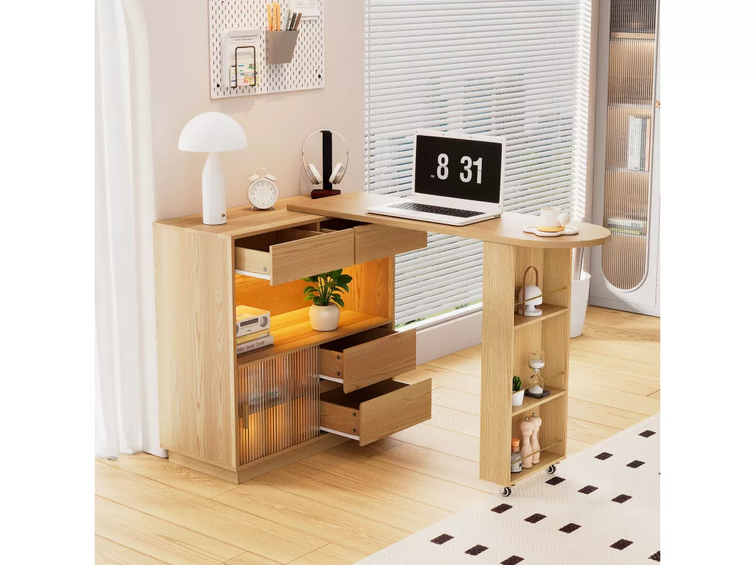 Meuble de bar extensible, Bureau d'angle - 4 tiroirs, 1 porte et étagères - Bois MDF - Naturel